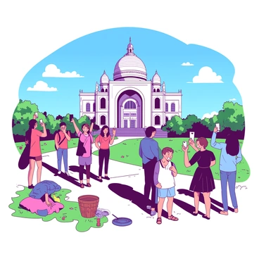 A large iconic historical landmark stands majestically in the center of the scene. Its intricate architectural details are highlighted against a clear blue sky. Surrounding the landmark, a diverse group of tourists captures the moment by taking photos. Some tourists are holding up smartphones, while others are using cameras. The sunlight casts vibrant shadows on the ground, and there are patches of lush green grass nearby where a few tourists are sitting and enjoying the sunny day. The atmosphere is lively and filled with smiles as everyone revels in the experience.