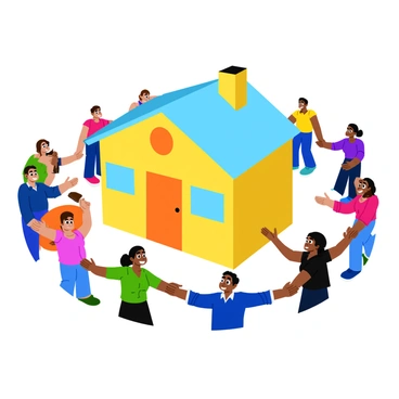 A small, cozy house with a welcoming front door and a chimney, set in the center of the image. The house is painted in warm colors like light yellow and soft blue. Surrounding the house is a vibrant circle of diverse people, each smiling and reaching out towards the house. The individuals represent different ages and backgrounds, dressed in colorful clothing, showing unity and support. The scene is bright and lively, emphasizing the theme of community and togetherness.