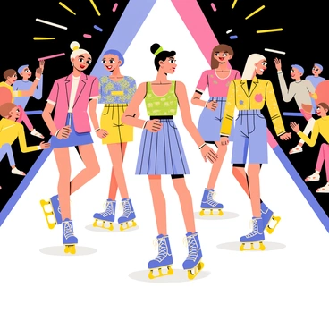 Models wearing colorful roller-skating outfits are gliding down a bright runway. Each model sports a unique ensemble, featuring vibrant patterns and textures, with matching roller-skates that shine under the lights. The runway is illuminated with dynamic, colorful lights that create an energetic atmosphere. Spectators are seated on either side, clapping and cheering as the models perform graceful movements while showcasing their fashion. Each model strikes a pose at the end of the runway, displaying their stylish attire and emphasizing the flair of roller-skating fashion.