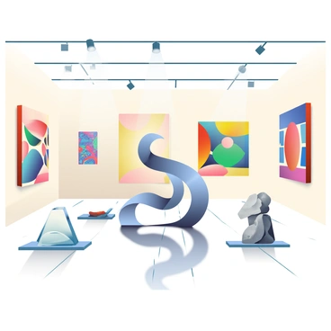 An art gallery annex is filled with various modern sculptures and installations. In the center, a large abstract sculpture made of twisted metal reflects light, casting intricate shadows on the polished wooden floor. Surrounding it are smaller sculptures, including a sleek glass piece that resembles a flowing wave and a stone installation with geometric shapes. On the walls, vibrant, large-scale installation pieces incorporate mixed media, featuring bold colors and textures. The space is well-lit, with soft spotlights highlighting each artwork, creating a dynamic atmosphere for visitors.