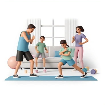 A family is exercising together in a cozy living room. The parents are wearing matching workout attire, with the father in a blue tank top and black shorts, and the mother in a pink shirt and gray leggings. They are demonstrating heel slides on a soft exercise mat. Two children are imitating their parents' movements, the boy wearing a green t-shirt and blue shorts, and the girl in a purple shirt and pink leggings. The room has a large window allowing natural light to fill the space, and there are colorful exercise accessories like a yoga ball and dumbbells nearby. The family is smiling and engaging with each other as they work out.