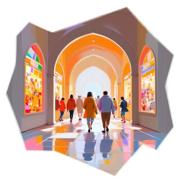 An enchanted gallery filled with vibrant illustrations from famous stories. Visitors are stepping through ornate archways embellished with intricate designs. Each section of the gallery showcases a different world, with one area depicting a lush forest filled with whimsical creatures. Another section features a bustling medieval marketplace, alive with colorful stalls and characters engaging in lively activities. Soft, warm lighting casts a magical glow, highlighting the detailed artwork on the walls. The floor is adorned with patterned tiles, guiding visitors as they explore this immersive space.