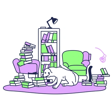 A Labrador is sitting on a soft rug beside a tall bookshelf filled with various books. The bookshelf has wooden shelves, each lined with colorful spines. Stacks of books are arranged haphazardly on the floor around the dog, with some books lying open. The Labrador has a shiny coat and attentive eyes, looking curiously at a nearby book. A small reading lamp is positioned on the shelf, casting a warm glow over the scene. A cozy armchair is visible in the background, invitingly placed near the bookshelf.