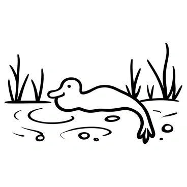A platypus swimming in a river, its body partially submerged. The animal has a flat, duck-like bill extended out of the water. The surface of the river is rippling gently around the platypus, creating a series of circular patterns. There are several reeds and water plants visible on the riverbank, leaning slightly towards the water. Small pebbles can be seen scattered along the riverbed beneath the clear water.