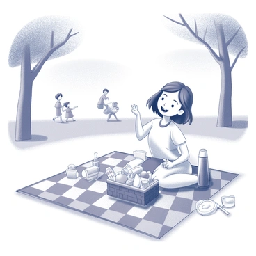 A cartoon girl sitting on a checkered picnic blanket spread out on the grass in a park. She has a cheerful expression as she enjoys her picnic. The basket next to her is overflowing with various snacks and drinks. There are sandwiches wrapped in paper, fruits like apples and bananas, and a couple of colorful drink bottles. Surrounding her are a few trees providing shade, and a clear blue sky can be seen above. In the background, there are other people enjoying the park, such as a family playing frisbee and a couple walking their dog.