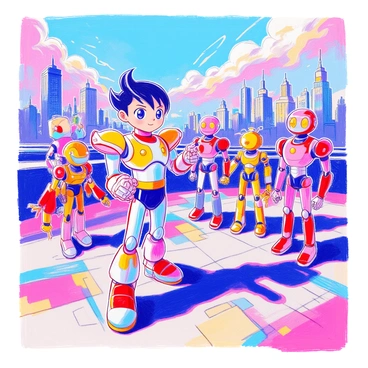 "A robot named 'Astro Boy' with a sleek metallic body and large expressive eyes stands confidently at the forefront. He is surrounded by a diverse team of robots, each with unique designs and colors. Some robots have arms equipped with various tools, while others are built for speed and agility. In the background, a city skyline is visible, showing tall buildings partially obscured by dark clouds and smoke, indicating a threat. The team appears determined, ready for action, with Astro Boy pointing towards the city, directing his team as they prepare for their mission."