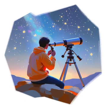 An astronomer with short dark hair and wearing a casual jacket is peering through a large telescope set up on a rocky hillside at night. The telescope is aimed toward a starry sky filled with numerous constellations. As the astronomer gazes through the lens, the view reveals shimmering constellations formed by letters from different languages, such as "A", "星" (star in Chinese), and "з" (from Cyrillic), all twinkling against the inky blackness. The scene captures the wonder and curiosity of the astronomer as they explore the cosmos through this unique perspective.