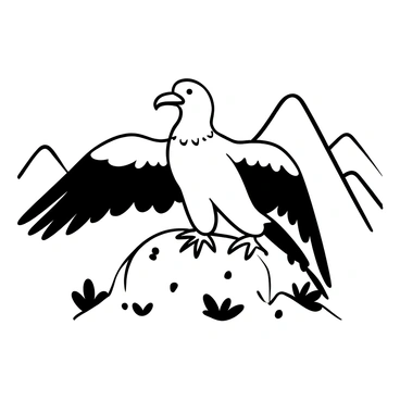 A fluffy young California condor perched on a rocky outcrop, with its wings partially spread out, showcasing the texture of its feathers. The background consists of rugged mountains and a clear sky, creating a sense of elevation. The condor's body is positioned in a way that emphasizes the expansion of its wings, while its feet grip the rocky surface firmly. Surrounding the condor, there are patches of sparse vegetation, contributing to the natural habitat setting.
