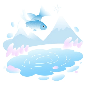 A flying fish is soaring gracefully above the icy waters of a frozen tundra. The fish has shimmering scales that reflect shades of blue and silver as it glides through the air. Below, the water is crystal clear, with ripples expanding outward from where the fish has just emerged. Surrounding the water, patches of ice and snow form a stark contrast against the vibrant colors of the fish. Snow-covered mountains rise in the background, adding depth to the scene. The atmosphere is crisp, with a hint of frost visible in the air.