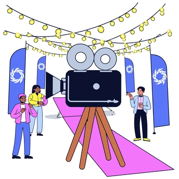 A vintage film camera is positioned at the entrance of a glamorous film festival. The camera has a sleek black body with shiny chrome accents and a prominent lens. It rests on a wooden tripod, giving it a stable stance on a red carpet. Surrounding the camera are strands of golden lights illuminating the entrance. Elegant banners with the festival's logo are draped nearby, and there are a few stylish people in evening attire holding tickets as they approach the venue.