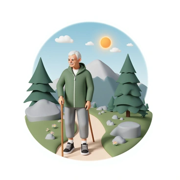 An elderly person, wearing a green jacket, gray pants, and sturdy hiking boots, is hiking along a scenic mountain trail. They are using a wooden walking stick for support. The background features tall pine trees and rocky cliffs, with patches of wildflowers dotting the path. The sky is clear with a few fluffy clouds, and the sun casts a warm light on the landscape. The elderly person is looking ahead with a determined expression, taking in the beauty of the surroundings.