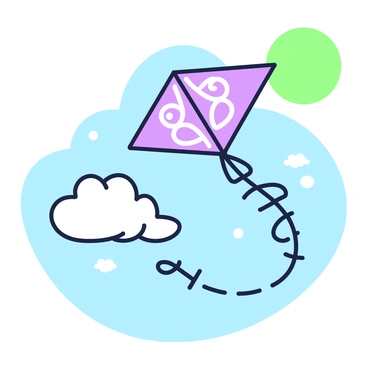 A kite shaped like a butterfly is soaring high in the sky. The kite has symmetrical wings with intricate designs. Below the kite, there are small fluffy clouds scattered across the blue sky. The kite's tail is long and flows gracefully behind it, fluttering in the wind. The sun shines brightly in the background, casting soft shadows on the kite and creating a vibrant scene.