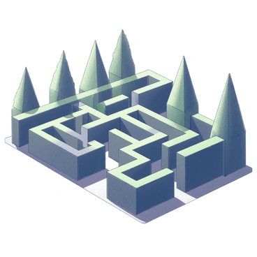 A maze constructed from tall, well-trimmed bushes creates a complex network of pathways. The bushes are neatly shaped, forming high green walls that define the routes within the maze. The ground is covered with a uniform texture, enhancing the clarity of the paths. Light filters through the leaves, casting distinct shadows on the ground, adding depth to the scene. The overall structure creates an intricate puzzle, inviting exploration through its narrow passages.