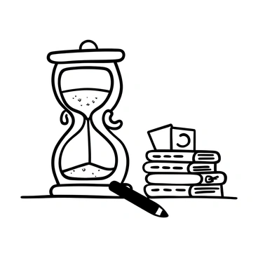 An ornate hourglass with intricate designs stands on a wooden table. The hourglass is filled with fine sand, slowly trickling from the top chamber to the bottom. Next to the hourglass, there is a stack of quiz cards with various illustrations on them, featuring questions and answers. A pencil lies beside the quiz cards, ready for use. The setting conveys a sense of anticipation and focus, as the hourglass measures time for the quiz game.