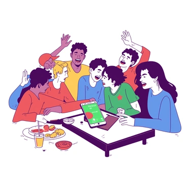 A group of excited fans with diverse expressions is gathered around a smartphone placed on a small table. Each fan is leaning in closely, focused on the live cricket match displayed on the screen. The fans are wearing various team jerseys, showcasing colors and logos. Some fans are raising their hands, animatedly discussing their bets, while others are looking intently at the smartphone. In the background, there are snacks and drinks scattered on the table, enhancing the lively atmosphere of the gathering.