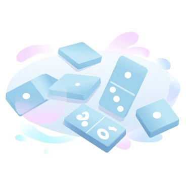 A set of domino tiles is laid out on a smooth surface. The tiles display various combinations of dots, with some showing the number "8" and others showing the number "6." The arrangement of the tiles is organized and symmetrical, emphasizing the sums of the numbers. The background features soft, gradient pastel colors, enhancing the visual appeal of the dominoes. The lighting is gentle, highlighting the glossy surface of the tiles and casting subtle shadows beneath them.