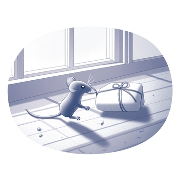 A tiny mouse with delicate features is engaged in a task of pulling a baluchon. The baluchon is a small bundle, similar in size to the mouse, made of simple fabric tied at the top, hinting at its contents. The kitchen floor is textured with wooden planks, showcasing the grain and knots. The mouse uses its tiny body to push the baluchon forward, its whiskers twitching with effort. Nearby, there are scattered crumbs on the floor, indicating the mouse’s recent scavenging adventure. Sunlight filters in through a nearby window, casting soft shadows across the scene.