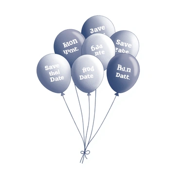 A collection of balloons in various shapes and sizes is floating in the air. Each balloon has the phrase "Save the Date" spelled out clearly and prominently across them. The balloons are tied together with thin strings, gently swaying in the breeze. The background is simple, allowing the balloons and the message to stand out distinctly.
