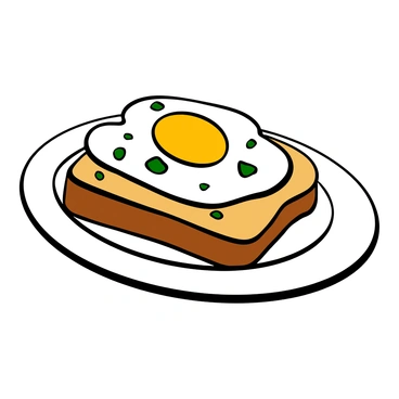 A slice of golden-brown toast on a white plate, topped with a sunny-side-up fried egg. The egg has a bright yellow yolk, and the whites are cooked to a perfect texture, slightly puffy around the edges. The dish is garnished with finely chopped green herbs, adding a pop of color and freshness. The background is minimal, focusing on the delicious details of the toast and egg.