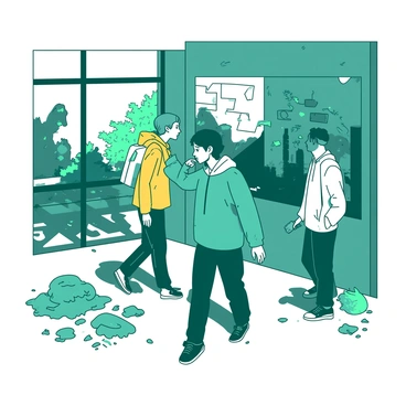 A group of three urban explorers is navigating through an abandoned building. One explorer, wearing a teal jacket, is holding a walkie-talkie close to their mouth, communicating with the rest of the group. The second explorer, dressed in a yellow hoodie, is examining a faded mural on the wall, with a curious expression. The third explorer, wearing a teal beanie, is standing near a broken window, looking out at the overgrown courtyard below. Piles of dust and debris cover the floor, and sunlight streams in through the cracked windows, casting shadows across the scene. The atmosphere is filled with a sense of adventure and discovery.