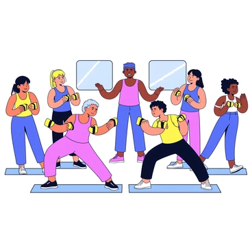 A fitness class with several individuals performing reverse fly exercises. Each participant is wearing colorful workout attire, including tank tops and leggings. The instructor stands at the front of the class, demonstrating the exercise with correct form. The individuals are positioned in a semicircle, holding weights with both hands, bent slightly at their hips. The background features a bright gym environment, complete with mirrors and exercise mats.