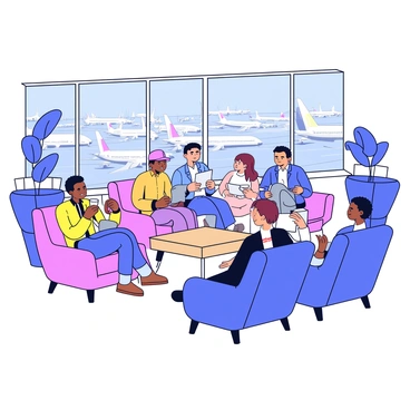 Passengers relaxing in a luxurious airport lounge with planes seen through glass windows