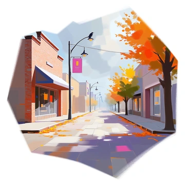A deserted street in a small town stretches out under a cloudy sky, with old brick buildings lining both sides. The storefronts display dusty windows, with signs that hang slightly askew. A single flickering streetlight casts a dim glow, illuminating the cracked pavement beneath. Fallen leaves rustle lightly in a gentle breeze, adding to the atmosphere of abandonment. A distant crow can be seen perched on a telephone wire, further emphasizing the eerie silence that envelops the scene. Shadows loom in the corners, creating a sense of unease as the street remains empty and still.