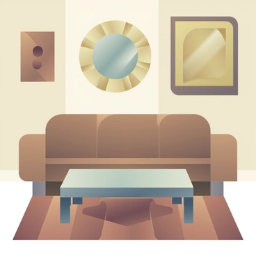 An interior room with Art Deco furniture, including a sleek, geometrically patterned sofa, a glass coffee table with gold accents, and a decorative mirror with bold lines. The walls are adorned with art that reflects the Art Deco style, and the floor features a rich area rug with distinct shapes.