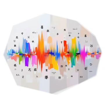 A vibrant collage featuring colorful sound waves radiating from various points across the image. Each wave displays dynamic patterns in hues of blue, red, green, and yellow. Interspersed among the sound waves are letters and symbols representing different languages, such as Arabic script, Cyrillic characters, Latin alphabet letters, and Asian characters. The letters are arranged in a flowing manner, intertwining with the waves, creating a sense of movement and energy throughout the composition. The background is a soft gradient, enhancing the vibrancy of the colors and elements present in the collage.