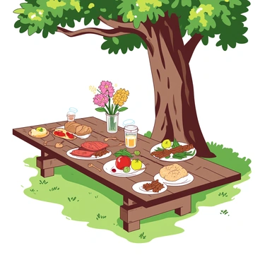 A long wooden table is set in a grassy area under a large tree with a thick trunk and sprawling branches. The table is adorned with colorful plates, rustic utensils, and a variety of hearty dishes including grilled meats, fresh vegetables, and bread. On the table, there are also glasses filled with iced tea and a centerpiece of wildflowers in a simple vase. Sunlight filters through the tree's leaves, casting dappled shadows on the table. The scene evokes a warm and inviting atmosphere perfect for a family gathering or celebration.