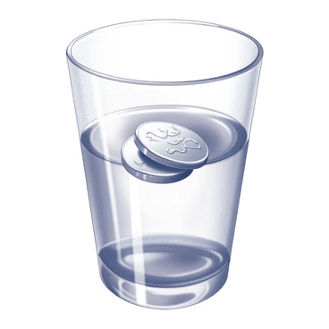 A penny resting on the surface of water inside a glass. The glass is transparent, allowing for a clear view of the penny, which appears to float effortlessly due to surface tension. Small ripples form around the edges where the water meets the glass. The scene captures the remarkable contrast between the solid penny and the liquid surface it rests upon.
