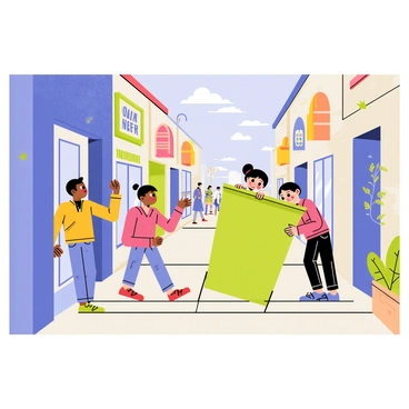 A group of four children playing hide-and-seek in a bustling city street. One child is peeking around the corner of a bright blue building with colorful murals, while another child hides behind a large green trash can. The street is lined with various shops, and there are people walking by, creating a lively atmosphere. An alleyway with brick walls and scattered foliage is visible in the background, adding depth to the scene. The sky is clear with a few fluffy clouds, enhancing the playful mood of the image.