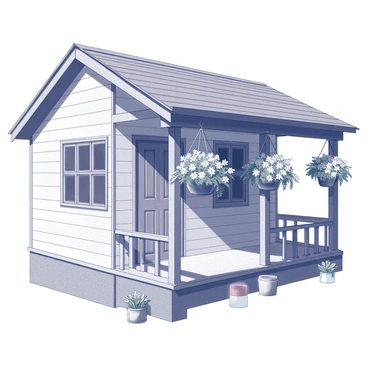 A cottage porch adorned with hanging baskets suspended from the eaves. Each basket is overflowing with an array of flowers, showcasing diverse shapes and sizes. The porch has wooden flooring and is bordered by a simple railing. The entrance is highlighted by a rustic door that complements the charm of the scene. Sunlight casts gentle shadows, enhancing the textures of the flowers and the porch structure. There are small, decorative pots scattered around the area, adding to the welcoming atmosphere.