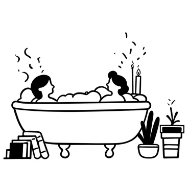 A person relaxing in a bubble bath, with steam rising around them. The scene includes several lit candles arranged on the edge of the bathtub, casting soft shadows. Nearby, a stack of books is placed on a small table, some partially open, suggesting they have been recently read. The bathroom has a cozy, inviting atmosphere, with towels neatly folded and a few decorative plants positioned around the space.