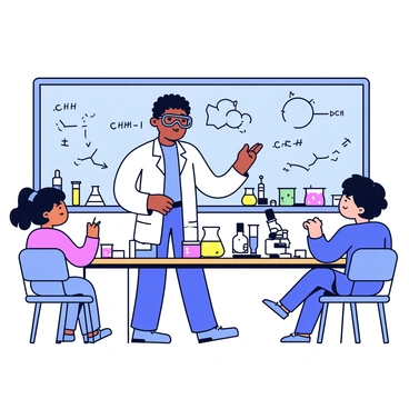 A teacher standing at a lab table in a school laboratory. The teacher is wearing a white lab coat and safety goggles, pointing to a beaker filled with a colorful liquid. The classroom is equipped with various scientific tools and equipment, including test tubes, pipettes, and a microscope. Students, seated around the table, are observing intently, taking notes. A chalkboard in the background displays handwritten formulas and diagrams related to the experiment.