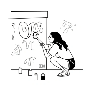 A girl with long hair is crouched down beside a city wall, focused on sketching graffiti art. She is wearing a loose-fitting t-shirt and denim shorts. In her hand, she holds a spray paint can, while her other hand rests on the wall. The wall is covered in various designs and patterns, showcasing the vibrant essence of urban art. Nearby, an assortment of paint cans in different sizes and shapes is scattered on the ground.