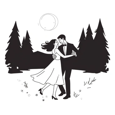 A couple is dancing gracefully under a bright full moon in an open clearing. The moonlight casts a soft glow on their faces, highlighting their joyful expressions. The couple is dressed elegantly; the woman wears a flowing dress that sways with her movements, while the man is in a sharp suit. Surrounding them, there are silhouettes of trees gently swaying in the night breeze, creating a natural frame for their dance. A few scattered wildflowers are visible on the ground, adding a touch of color to the scene.