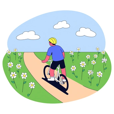 A lone cyclist wearing a yellow helmet is pedaling on a narrow dirt path. The cyclist is dressed in a bright blue jersey and black shorts. Surrounding the path is a vast field filled with bright white daisies, their yellow centers standing out against the green grass. The sky above is clear with a few fluffy white clouds. The sunlight is illuminating the scene, creating vibrant colors throughout the field.