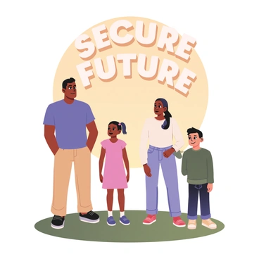 A digital flat illustration featuring a family standing together, looking confidently towards a bright horizon. The family consists of four members: a father with dark skin and short hair wearing a blue shirt and khaki pants, a mother with medium skin and curly hair wearing a white blouse and light blue jeans, a young girl with light skin and pigtails wearing a pink dress, and a teenage boy with medium skin and straight hair wearing a green sweater and dark jeans. The horizon is vibrant with shades of yellow and orange. Above the horizon, the words "Secure Future" are prominently displayed in bold, white letters. The family is positioned in the foreground, with a lush green field beneath their feet, adding to the sense of hope and optimism.