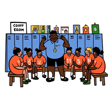 A coach with medium skin and short black hair stands in a brightly lit locker room, passionately delivering an inspiring pep talk to a group of young athletes. He is wearing a whistle around his neck, a blue polo shirt, and black shorts. The team, comprised of several players with varying skin tones, is gathered around him, sitting on wooden benches and listening intently. Each player wears matching jerseys and shorts with numbers on them. The room is filled with colorful team posters on the walls, and lockers are lined up behind the team, creating an atmosphere of camaraderie and motivation.