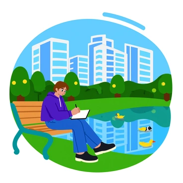 A student sitting on a wooden bench by a pond on campus. The student has short brown hair and is wearing a blue hoodie and jeans. They are focused on sketching in a notebook, capturing the reflection of modern buildings in the calm water. The pond is surrounded by lush green grass and a few trees with vibrant leaves. The buildings are tall and glassy, reflecting a clear blue sky above. A few ducks swim peacefully in the pond, adding life to the scene.