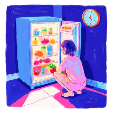 A person is crouched down in front of an open refrigerator at midnight. The kitchen is dimly lit, and shadows are cast across the floor. The person is wearing a pajama set and has messy hair. The refrigerator is filled with various food items that glow softly in the dark, including bright red strawberries, vibrant green vegetables, and a shiny blue drink bottle. The light from the fridge illuminates the person's face as they carefully reach for a glowing snack on the top shelf. The clock on the wall shows that it is exactly midnight.