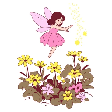 A pink tiny fairy with delicate, translucent wings is hovering above a patch of vibrant flowers in a garden. The fairy is wearing a dress made of petals, and her hands are outstretched as she sprinkles golden magic dust over the flowers below. The garden is filled with a variety of blooming flowers in shades of yellow, their petals glistening as the dust lands on them. Sunlight filters through the leaves, creating a warm atmosphere around the enchanting scene.