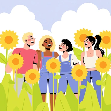 A group of four friends is standing in a vibrant green field filled with tall, bright yellow sunflowers. They are all smiling widely, with their heads thrown back in laughter. One friend has light brown hair and is wearing a red t-shirt, another has curly black hair and is dressed in a blue dress. A third friend has short blonde hair and is wearing denim overalls, and the last friend has long dark hair tied in a ponytail, wearing a white tank top. The sunflowers around them are tall and vibrant, with large, round faces turned towards the sun. The sky above is a clear blue with a few fluffy white clouds scattered around.