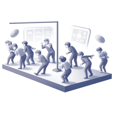 A virtual limbo game taking place on an online platform. Several avatars of varying designs are attempting to pass under a horizontal pole that is set at a low height. Each avatar has a distinct appearance, showcasing different colors and features, from humanoid figures to fantastical creatures. The game environment is designed with interactive elements such as floating digital obstacles and a cheering crowd of other avatars in the background. The avatars display focused expressions as they bend backward to avoid the pole, with some showing signs of struggle while trying to keep their balance. A scoreboard is visible in the upper corner, tracking the progress of the players.
