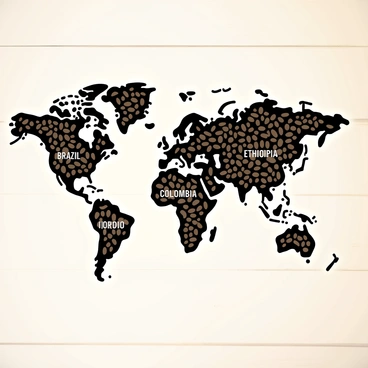 A world map made entirely of coffee beans, with each country outlined using varying sizes and shapes of beans. Countries known for coffee production, such as Brazil, Colombia, and Ethiopia, are represented with darker and denser areas of coffee beans. The background is a light wooden surface that contrasts with the rich brown of the coffee beans. Labels in a bold font are placed on countries like "Brazil," "Colombia," and "Ethiopia," highlighting their significance in coffee production.