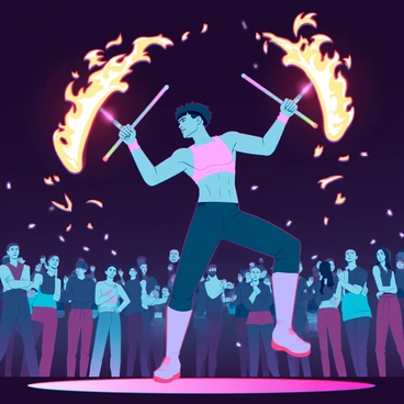 A fire performer with a muscular build and athletic attire is twirling two large flames on staffs in an exhilarating performance. The flames are bright orange and yellow, creating a vivid contrast against the dark night sky. The performer is in mid-air, showcasing a dynamic pose with their limbs extended, capturing the movement and energy of the moment. Surrounding the performer, an audience watches in awe, their faces illuminated by the dancing light of the flames. The scene is filled with a sense of excitement and thrill as sparks fly from the twirling fire.