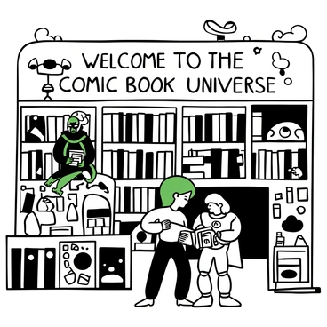 A comic book store filled with tall shelves stacked with colorful comic books and graphic novels. There are quirky, fantastical characters throughout the scene. One character is a tall, green-skinned alien wearing a patterned robe, holding a comic book over an oversized shoulder. Another character is a small, furry creature with multiple eyes, peeking curiously from behind a shelf. A robot with metallic limbs is standing next to a young girl in a superhero costume, each examining a comic book together. The store has a cozy atmosphere, with a whimsical ceiling light and scattered posters of superheroes on the walls. "Welcome to the comic book universe!" is displayed above the entrance.