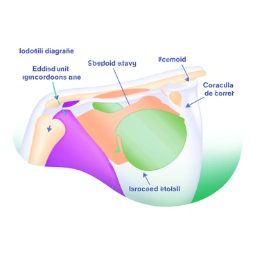 A modern pastel illustration of a scapula diagram. The scapula is depicted in a light pastel color, with parts such as the acromion, glenoid cavity, coracoid process, and scapular spine clearly labeled. Each part is color-coded in distinct pastel shades for easy identification. The labels are in clear, legible font, and arrows point from each label to the corresponding part of the scapula. The background is minimalistic to enhance focus on the anatomical details.