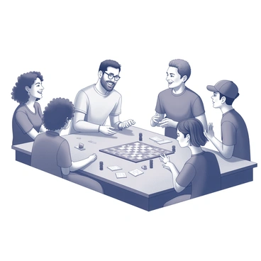 A group of five friends is seated around a rectangular wooden table. They are engaged in a board game, with various game pieces and cards spread out before them. One friend, a woman with curly hair, is leaning forward with a smile, while another friend, a bearded man, is throwing his head back in laughter. A third friend, a man with glasses, is animatedly explaining a game rule, gesturing with his hands. The fourth friend, a woman with straight hair, is looking at the board with intrigue, while the fifth friend, a man with a cap, is holding a game piece in front of him, deep in thought. The atmosphere is lively and warm, filled with joy as they enjoy their time together.